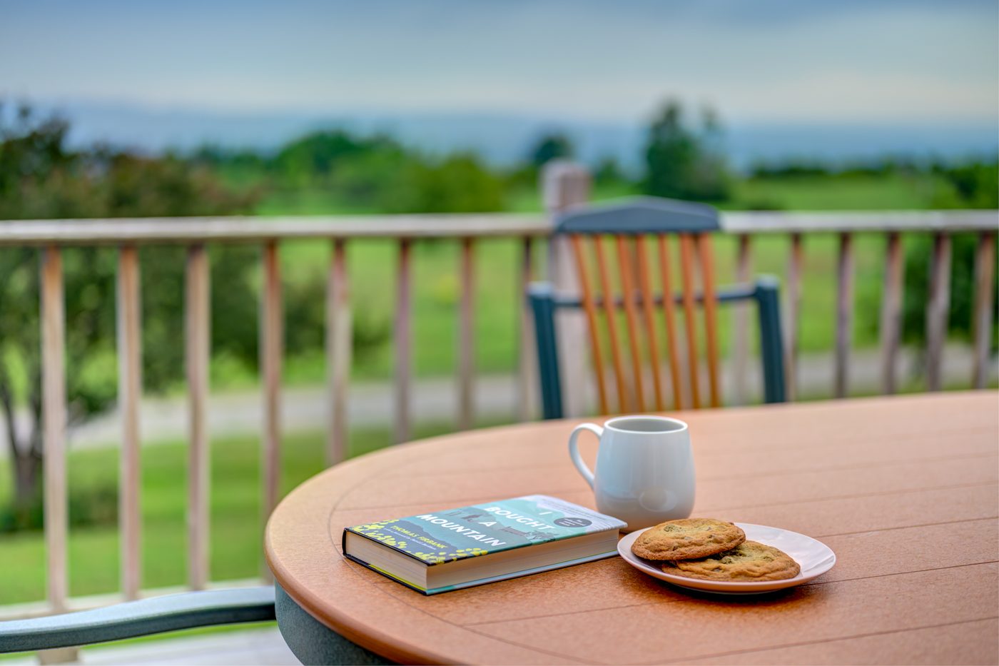 Coffee and a book on the deck table